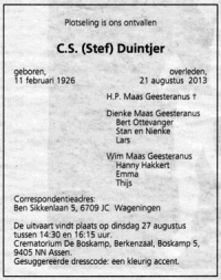 Overlijdensbericht C.S. (Stef) Duintjer (2013)